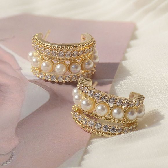 Jewelry - NEW 14K Gold Plated Diamond Pearl Open Hoops